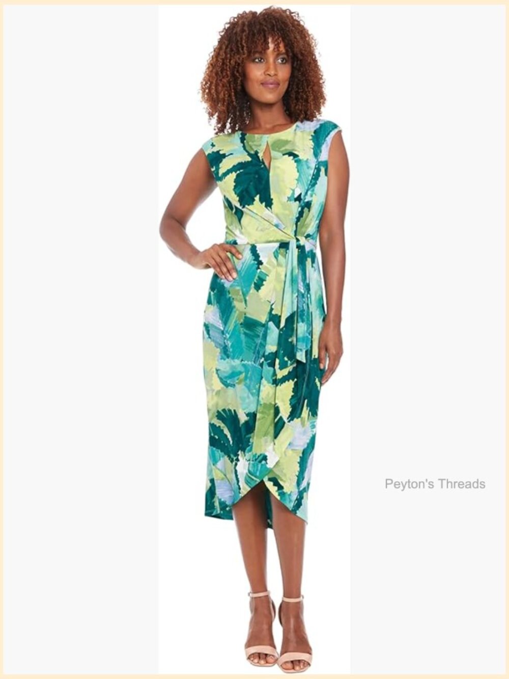 Women's Cap Sleeve Keyhole Neck Midi Dress with Self-Tie Belt